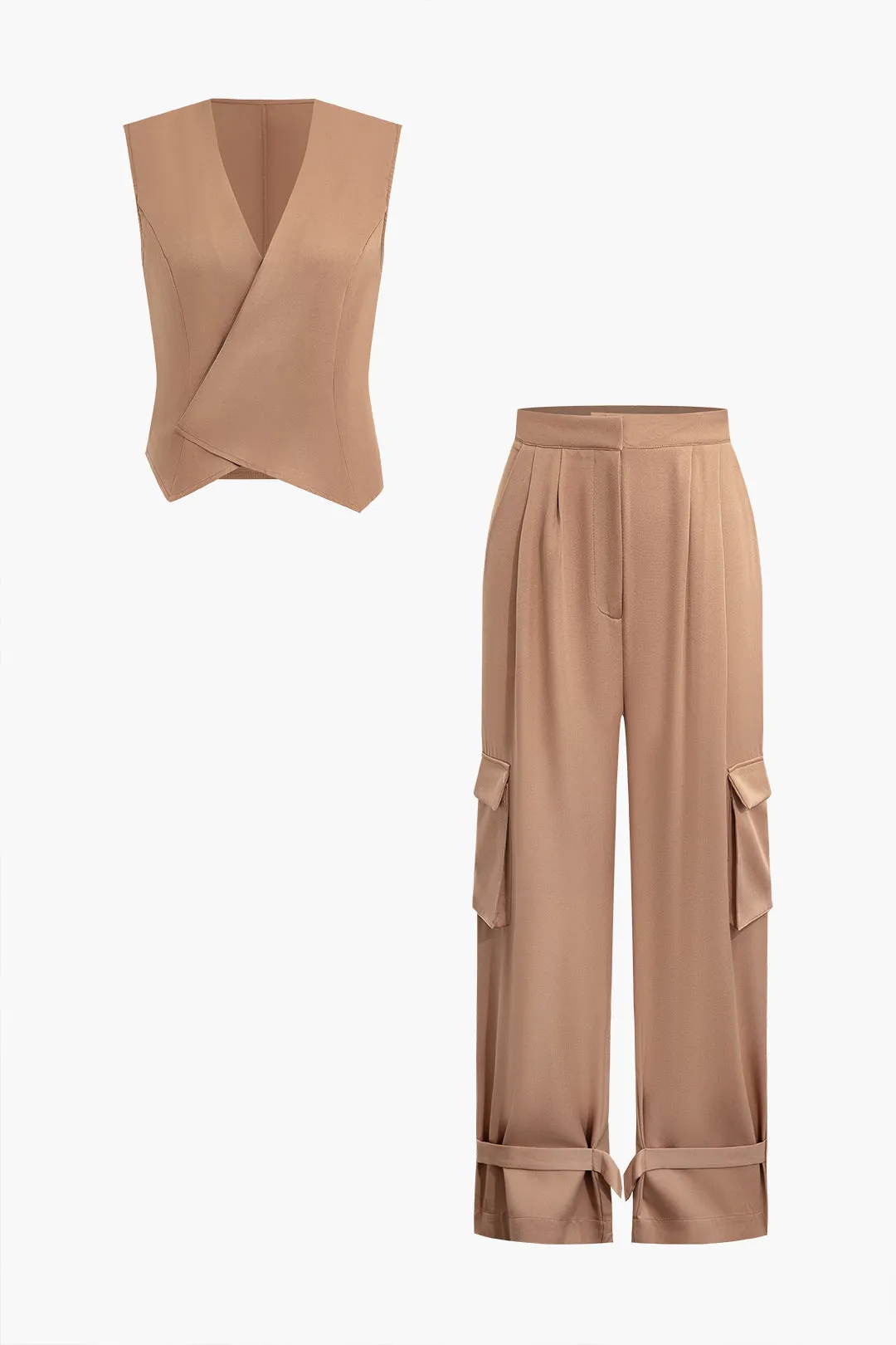 Krydset tank top og plisseret klap lomme brede benbukser sæt sold by Micas