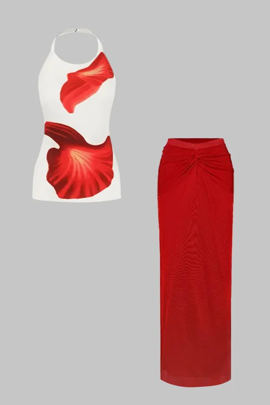 Floral Print Backless And Ruched Skirt Set sold by Micas