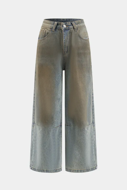 Denim vaskede knaplomme brede ben jeans sold by Micas