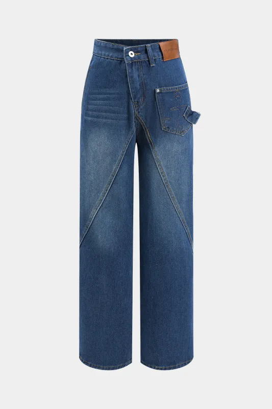 Denim asymmetrisk knaplomme brede ben jeans sold by Micas