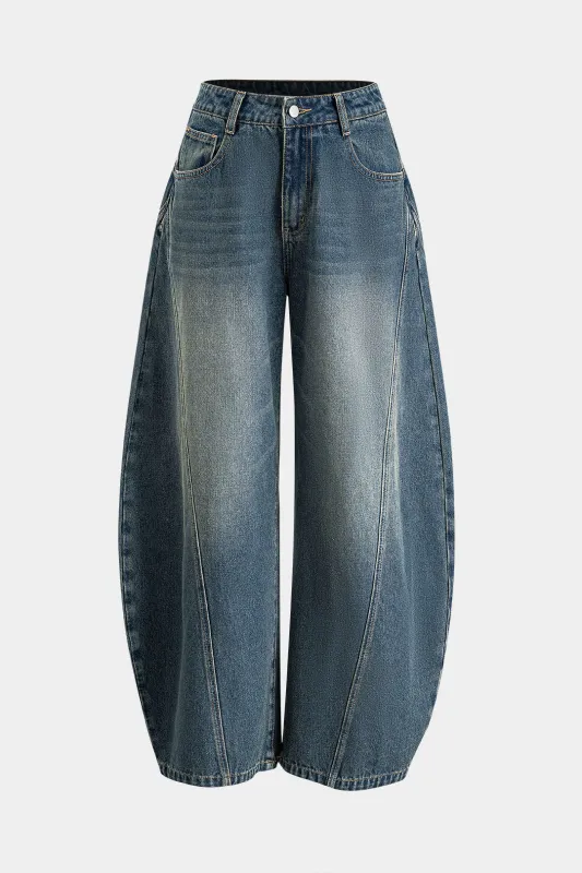 Denim knap lomme bred ben tønde jeans sold by Micas