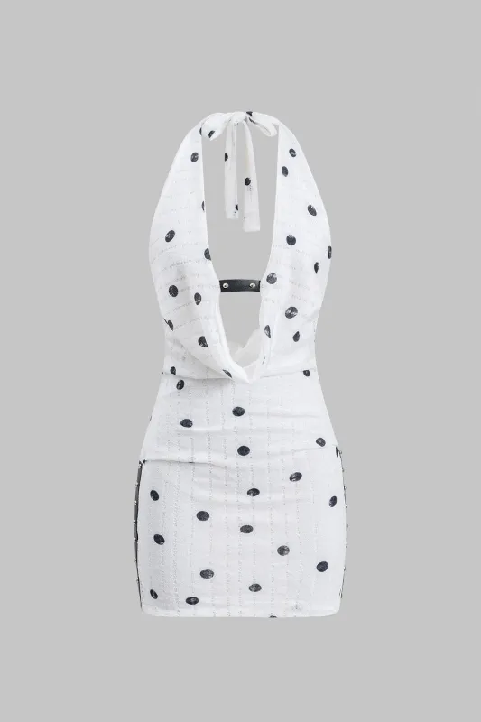 Polka prikker mønster blonder ruched grime hals bind bagløs mini kjole sold by Micas