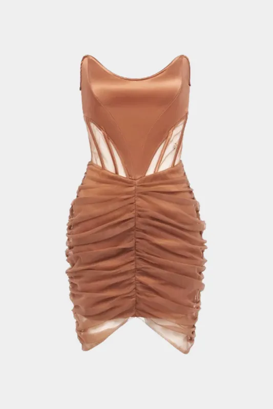 Satin Mesh Ruched Backless Corset Strapless Mini Dress sold by Micas