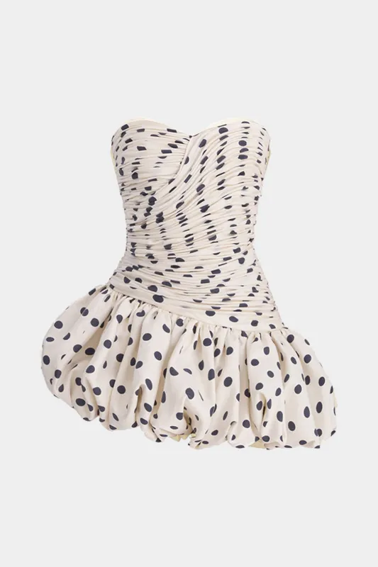 Polka Dots Print Ruched Rackless Puff Hem Stropless Mini Dress sold by Micas