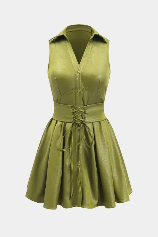 Jacquard Pleated Button Tie Front Sleeveless Mini Dress sold by Micas