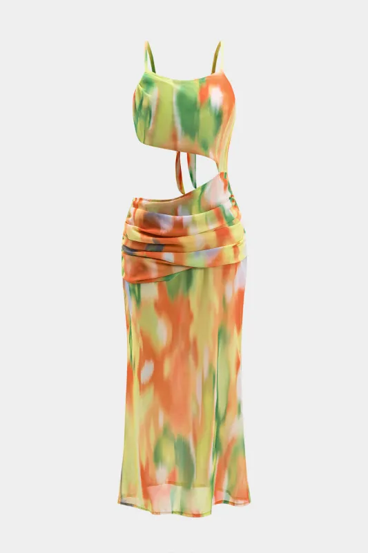 Ombre Print Chiffon Ruched Cut Out Tie Backless Slip Maxi Dress sold by Micas