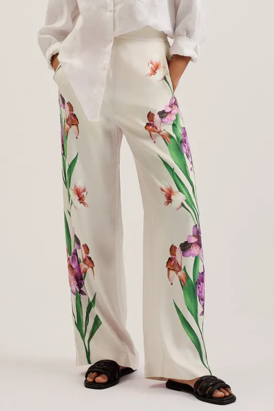 Blomsterprint satin ruched lommebrede benbukser sold by Micas