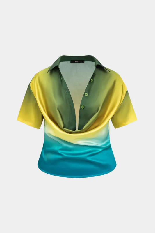 Plus størrelse ombre print satin knap kortærmet skjorte sold by Micas