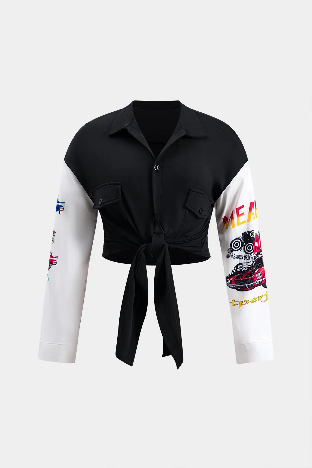 Plusstørrelse motorcykelprint Ruched Button FLAP Pocket Langærmet shirt sold by Micas