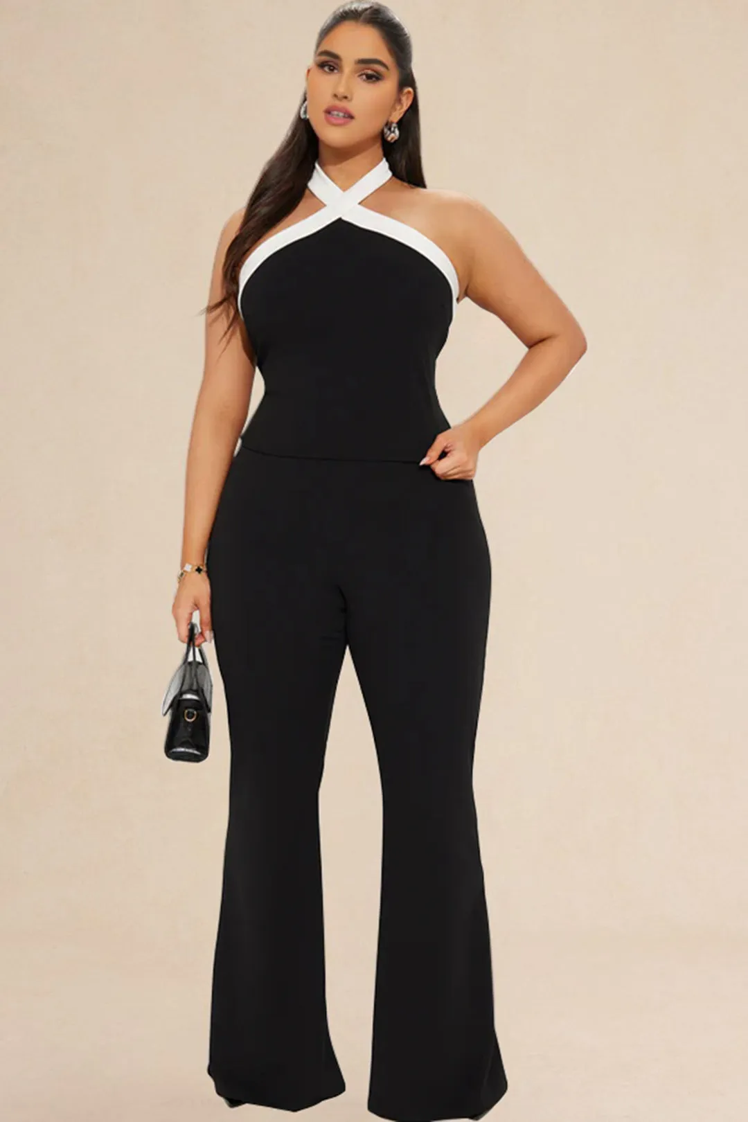 Contrast Plus Size Patchwork Backless Trousers Set sold by Micas