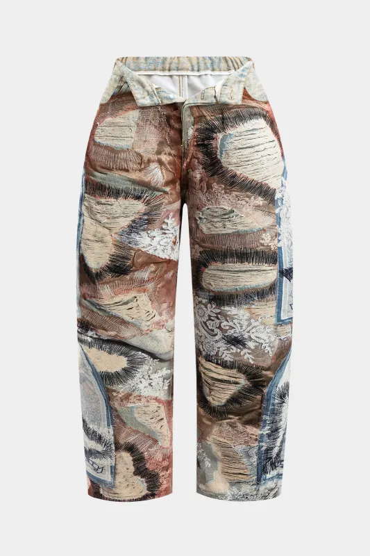 Plus størrelse abstrakt tryk lynlås brede ben bukser sold by Micas