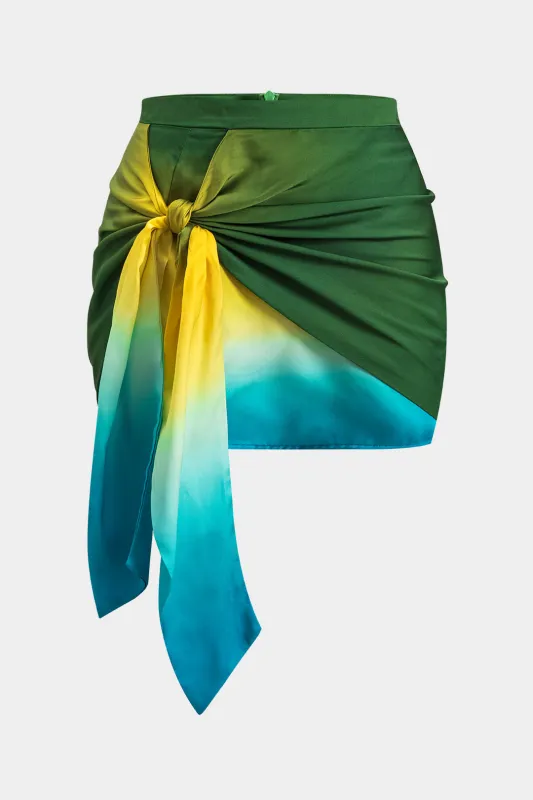 Plus størrelse ombre print satin ruched tie knude lynlås nederdel sold by Micas