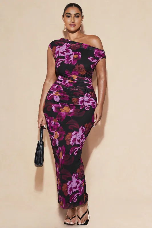 Plus størrelse blomsterprint mesh ruched asymmetrisk skulder nederdel sæt sold by Micas