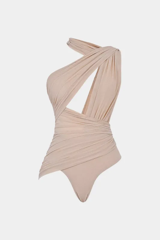 Mesh asymmetrisk ruched udskåret bodysuit sold by Micas