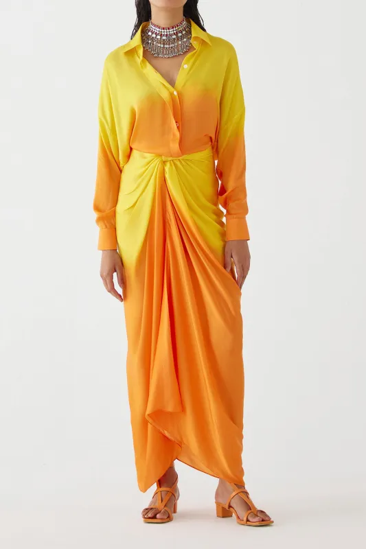 Tie Dye Ombre Print Ruched Twist Knot Button Long Sleeve Maxi Dress sold by Micas