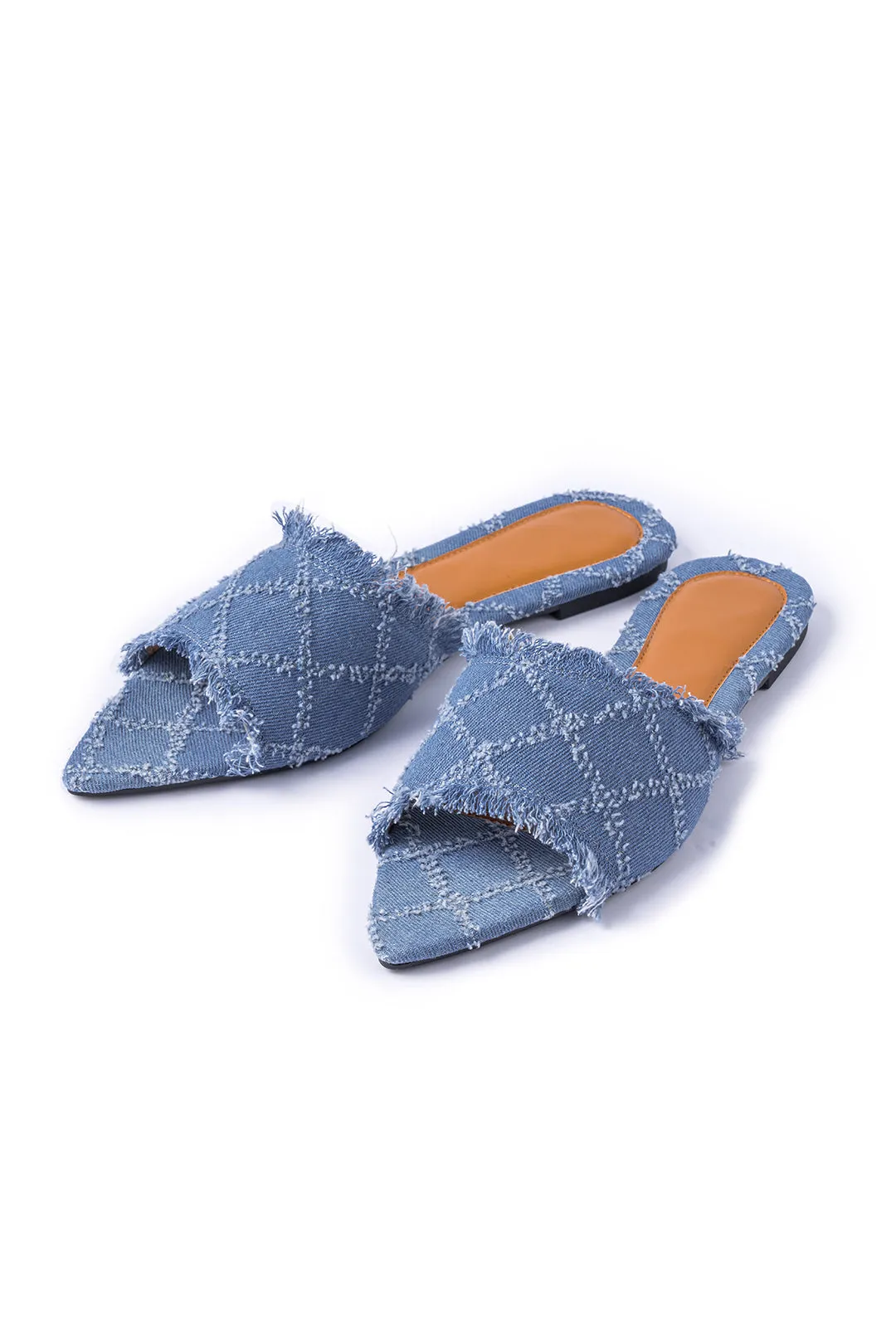 Denim Fringe Point Toe fladt hjemmesko sold by Micas