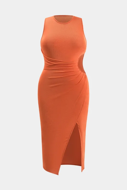 Plus størrelse ruched udskåret rund hals ærmeløs maxi kjole sold by Micas