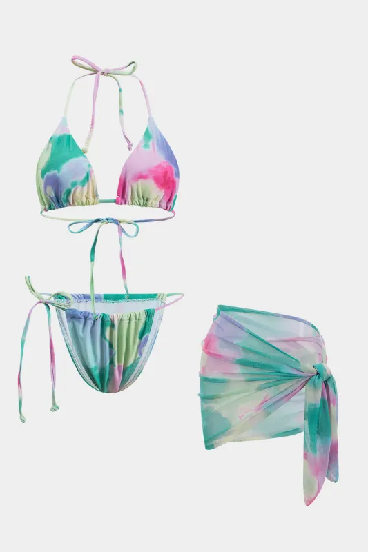 Abstrakt print Ruched Tie Up Bikini og Tie Knot Cover Up Set sold by Micas