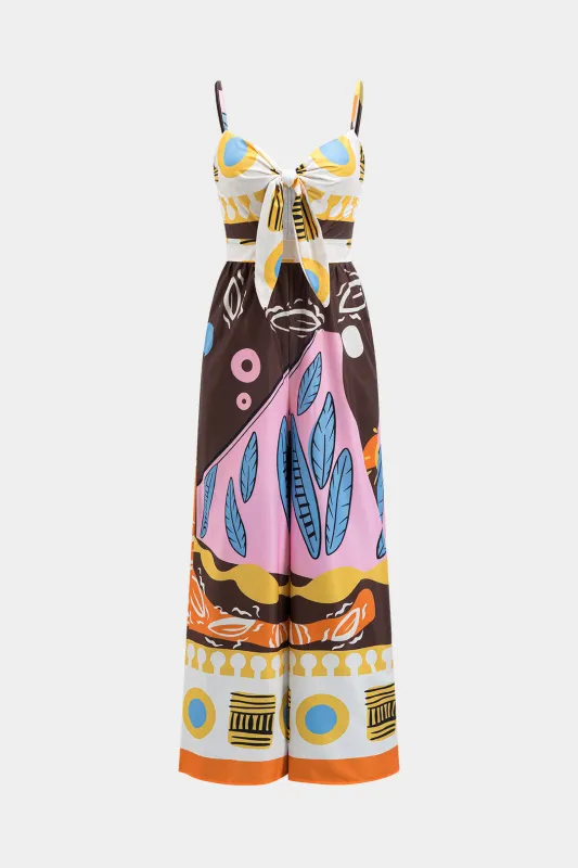 Abstrakt print Ruched Tie Front Slip Jumpsuit sold by Micas