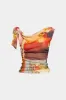 Abstract Print Mesh Ruched Asymmetry Tie Tank Top sold by Micas