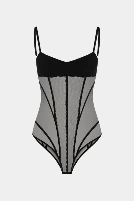 Satin Mesh Patchwork Backless Corset Slip Bodysuit sold by Micas