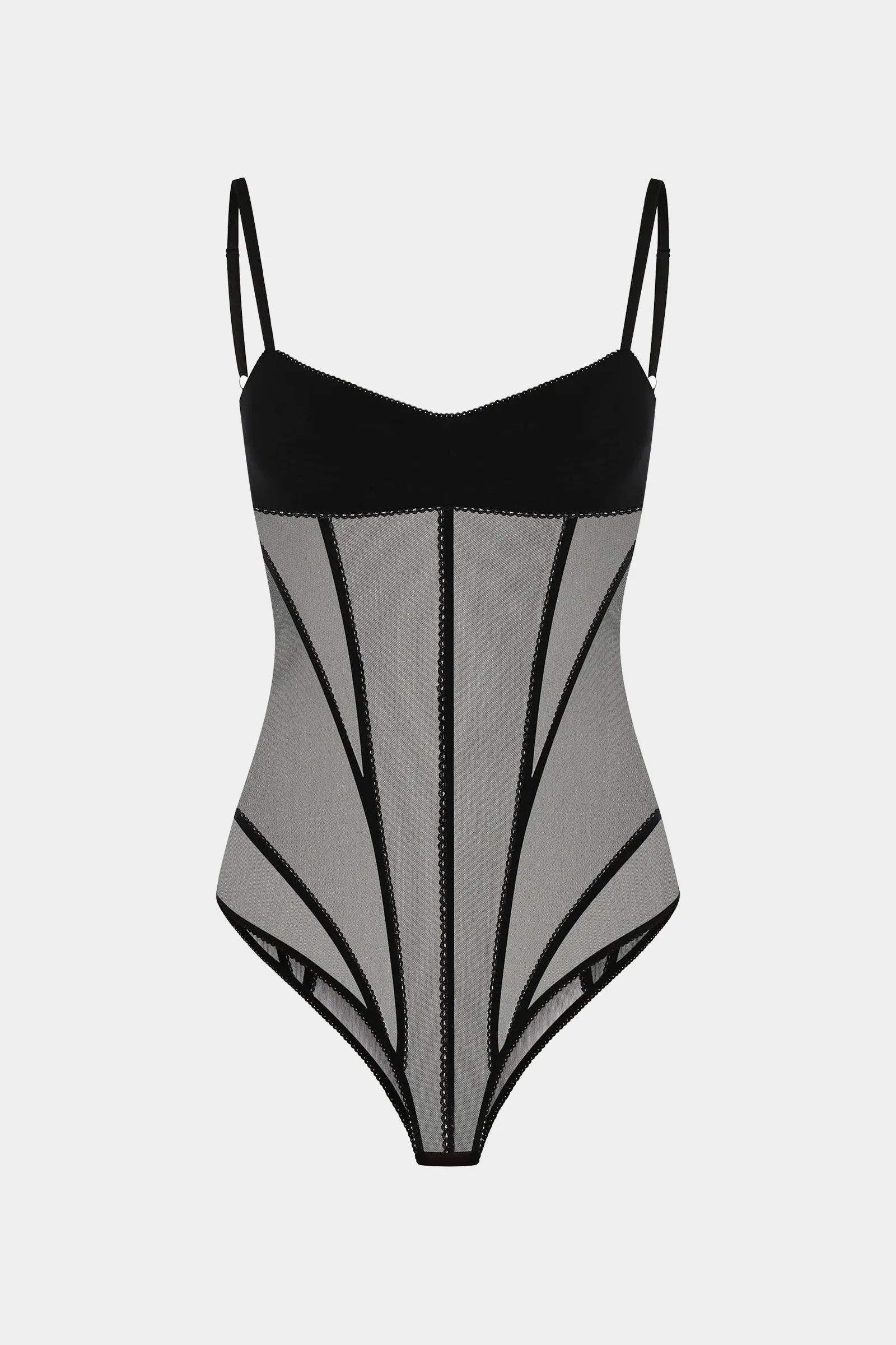 Satin Mesh Patchwork Backless Corset Slip Bodysuit sold by Micas