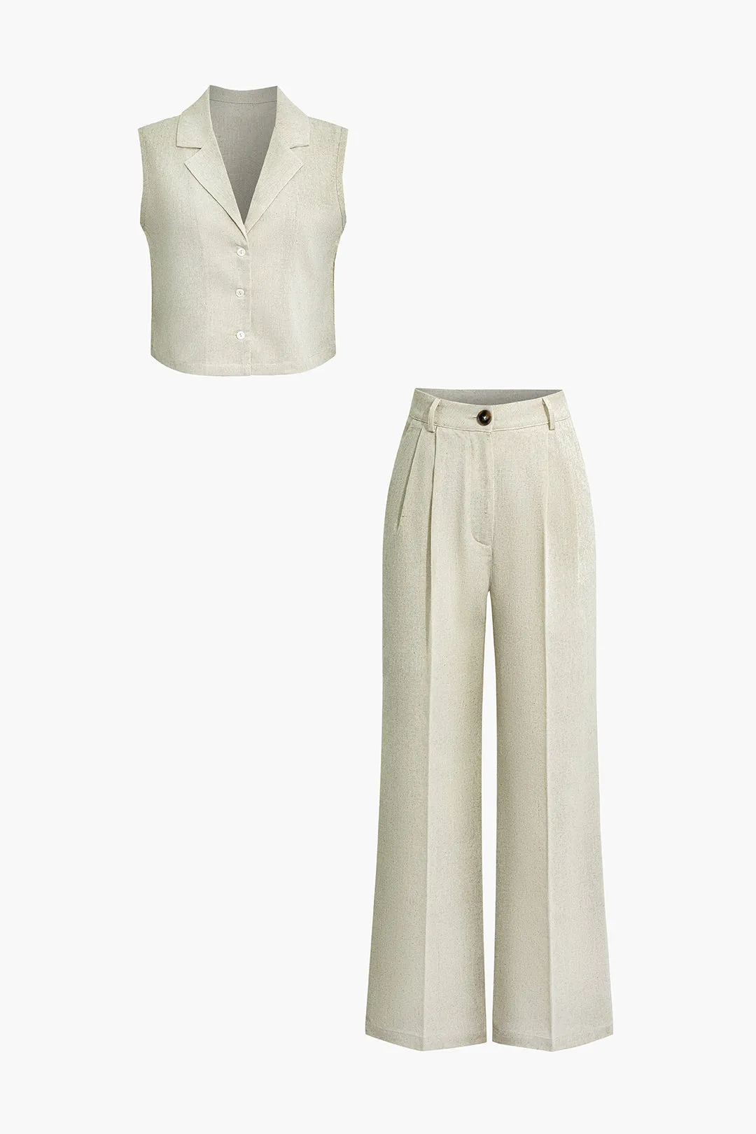 Linned knap top og plisserede brede benbukser sæt sold by Micas