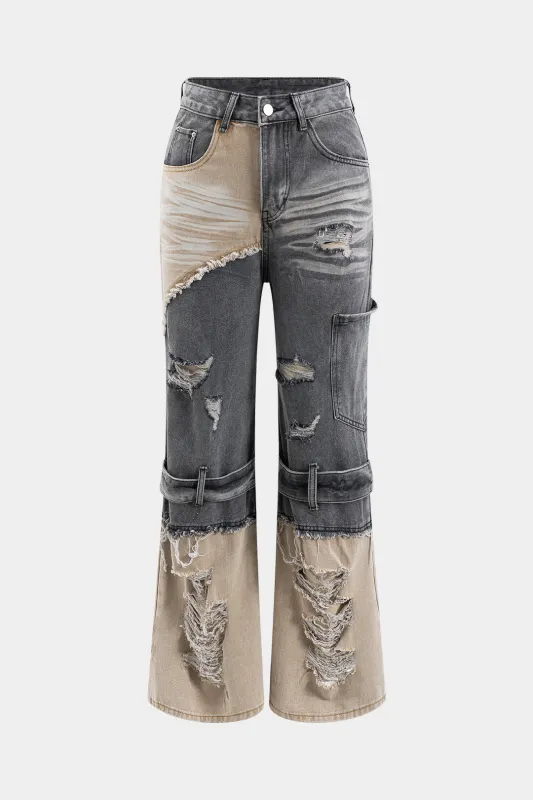 Denim patchwork rippet knaplomme jeans sold by Micas