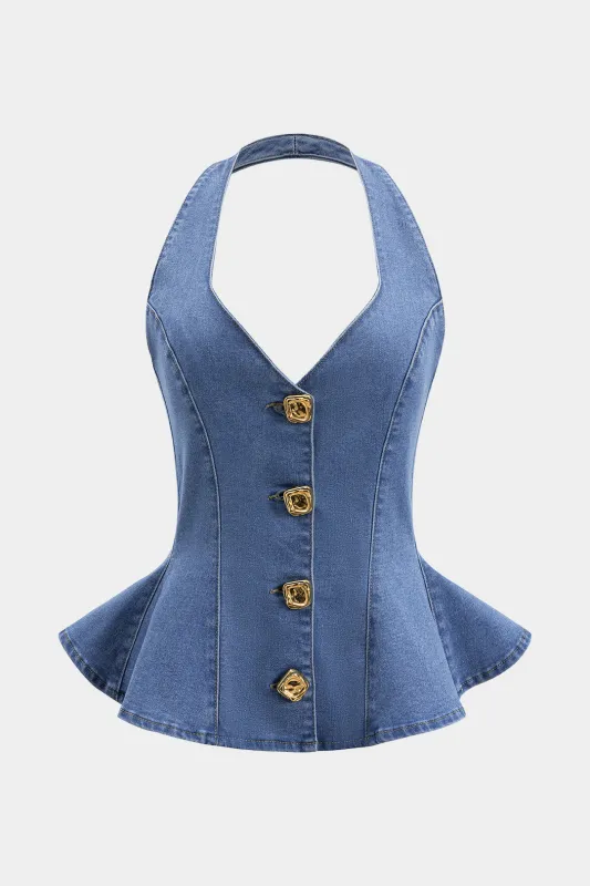 Denim ruched knap rygfri afgrøde top sold by Micas