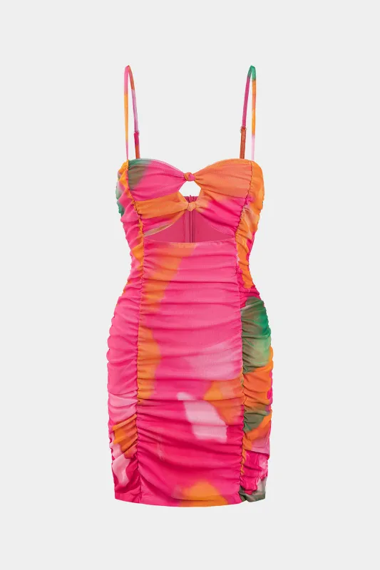 Bind farvestofprint Mesh Ruched Cut Out Twist Knot Zipper Slip Mini Dress sold by Micas