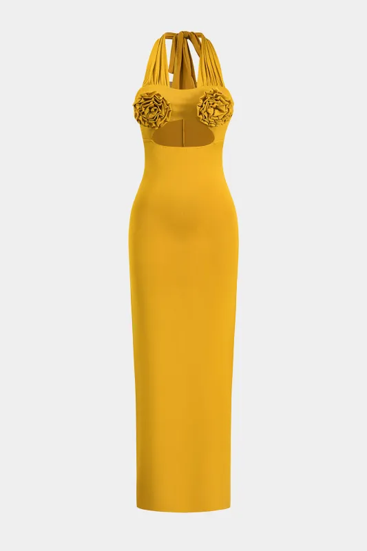 3d Floral Ruched Tie Up Cut Out Rackless Slit Maxi Dress sold by Micas