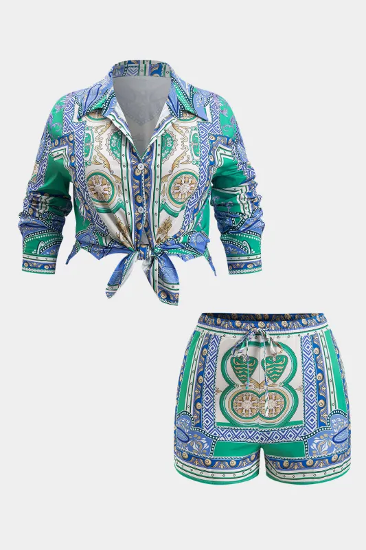 Plus størrelse bohemsk tryk ruched knap langærmet skjorte og slips foran shorts sæt sold by Micas