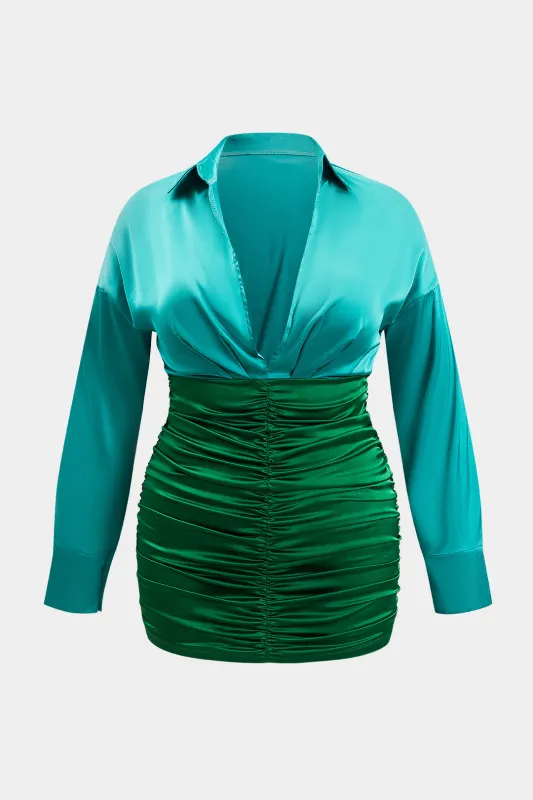 Plus størrelse kontrast satin patchwork ruched langærmet mini kjole sold by Micas