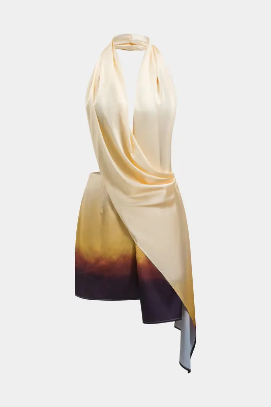 Ombre Print Satin Ruched Asymmetrical Backless Mini Dress sold by Micas