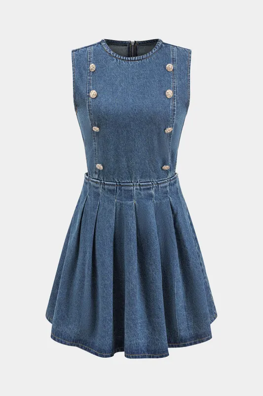 Denim plisseret knap lynlås ærmeløs kjole sold by Micas
