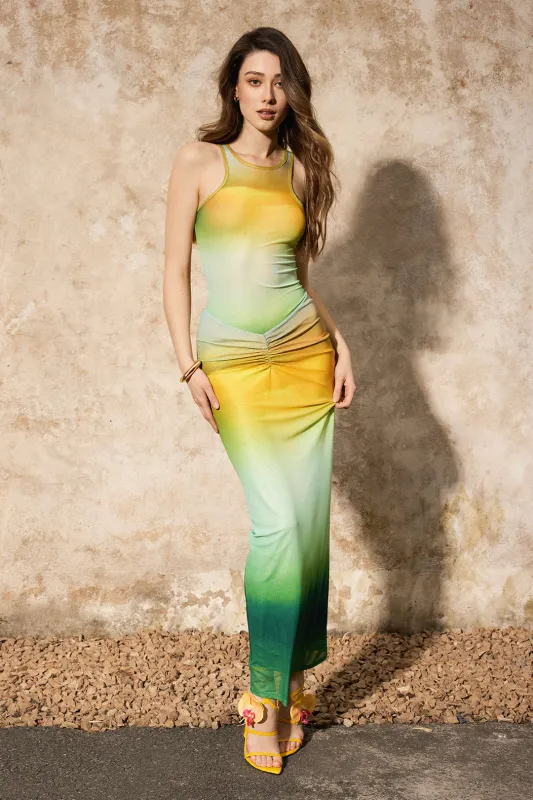 Ombre print ruched bodysuit sold by Micas