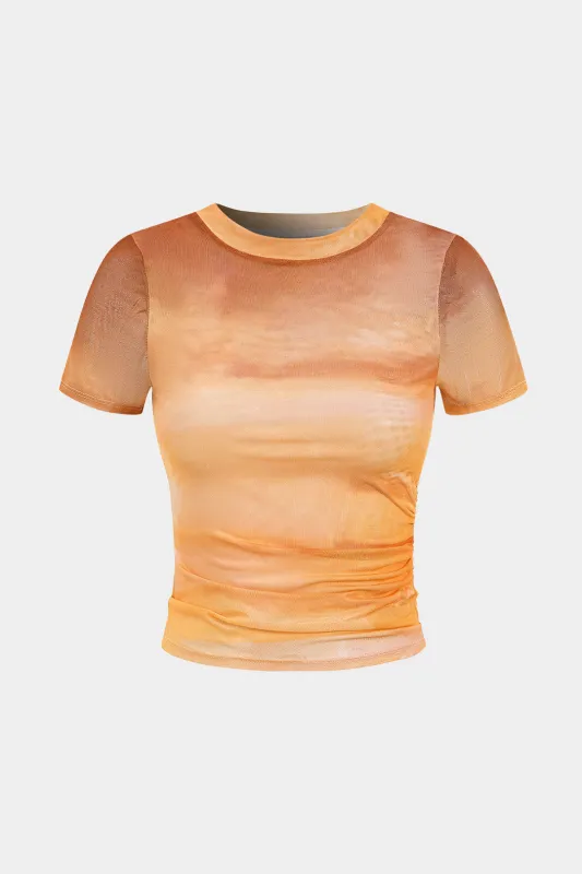 Ombre Print Mesh Ruched Round Neck Short Sleeveve T-shirt sold by Micas