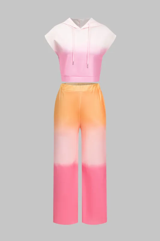 Ombre Print Hooded DrawString Top og Ruched Wide Leg Bukser Set sold by Micas