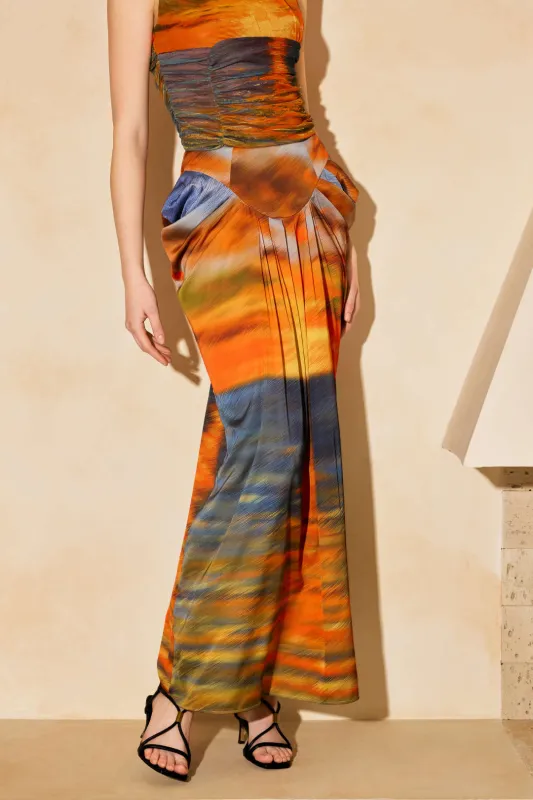 Abstrakt print satin ruched lynlås nederdel sold by Micas