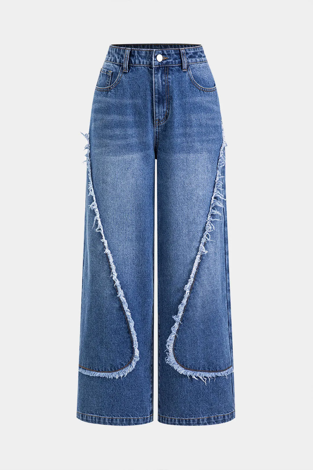 Denim frynse knap lomme brede ben jeans sold by Micas