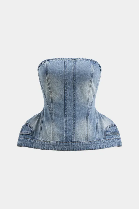 Denim puff hem tube top sold by Micas