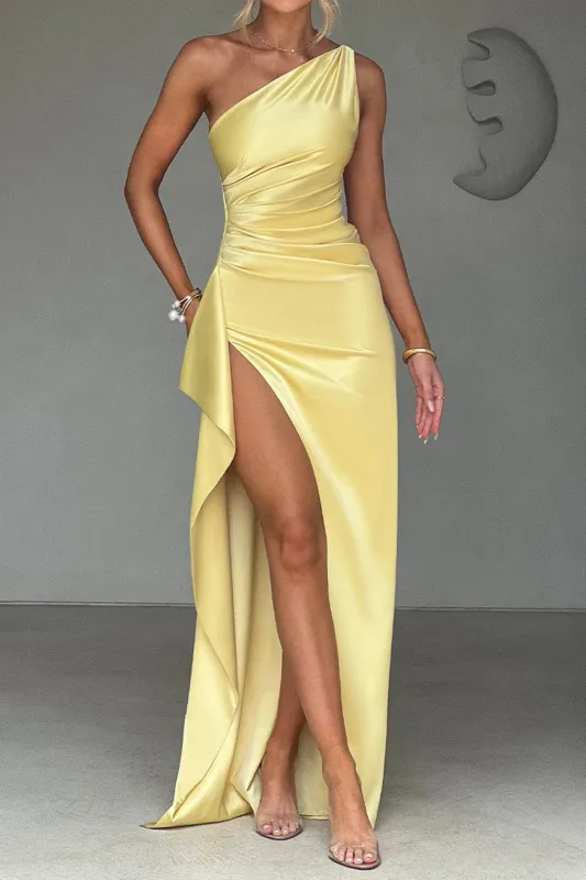 Satin Ruched ærmeløs høj spalte maxi kjole sold by Micas