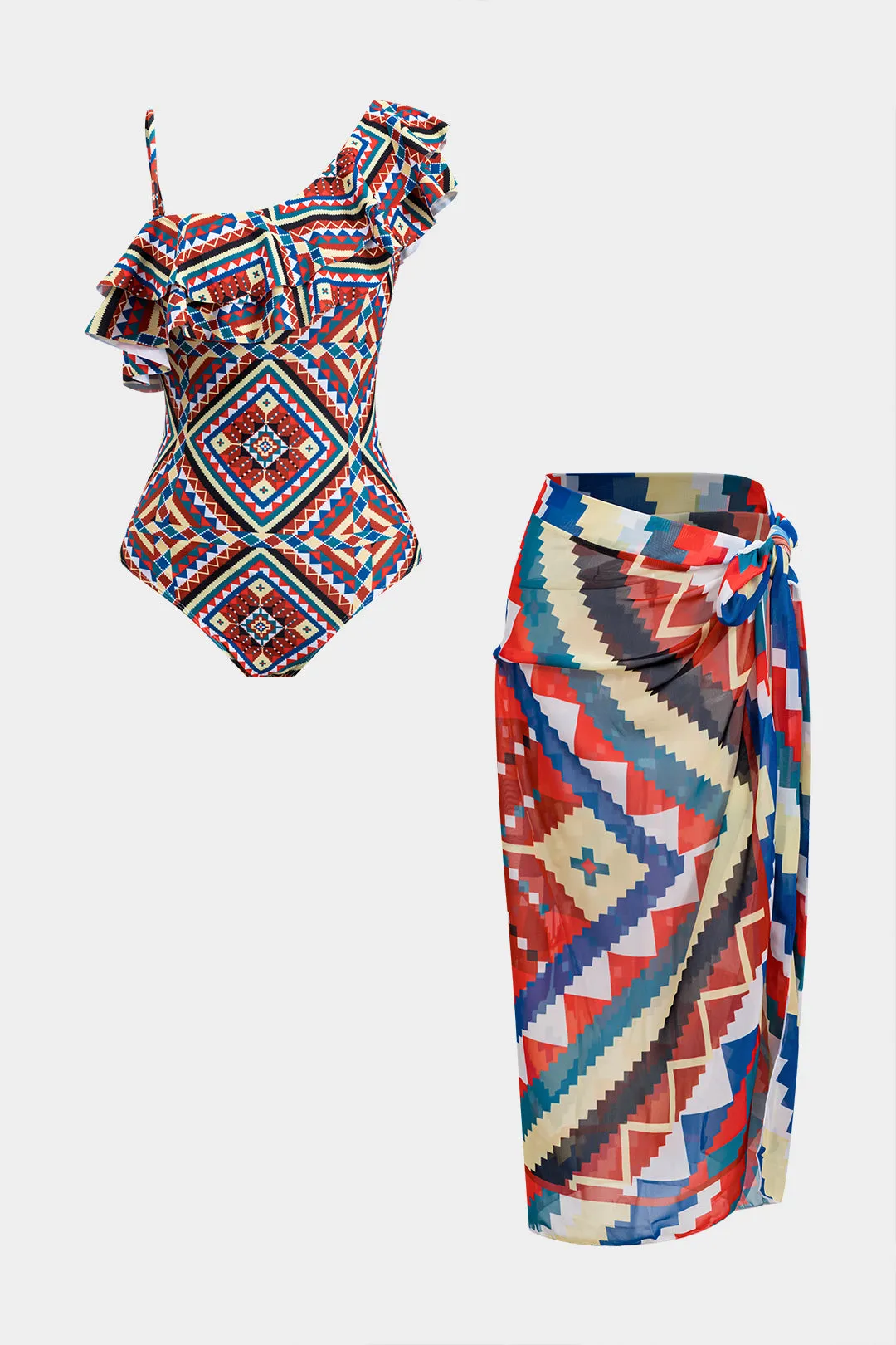 Geometrisk print chiffon ruffle badetøj sæt sold by Micas
