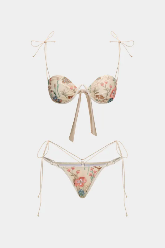 Mesh Embroidery Ruched Tie Up Bikini Set sold by Micas