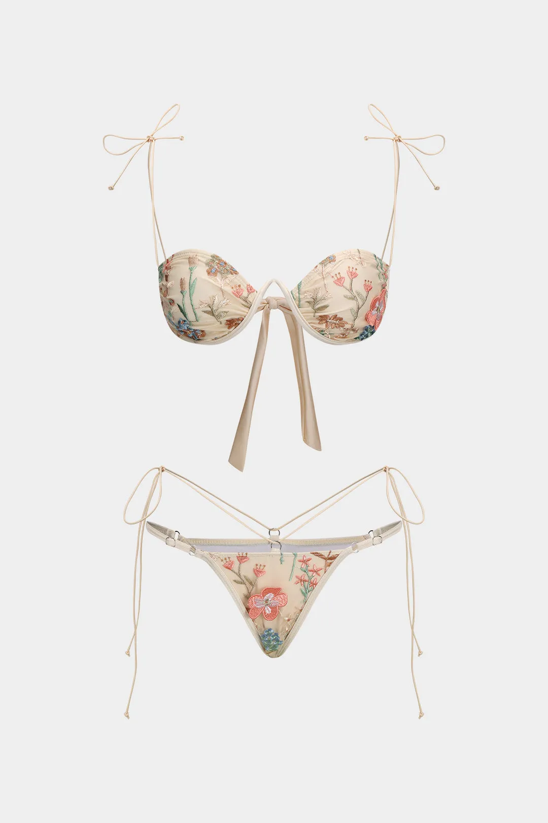 Mesh Embroidery Ruched Tie Up Bikini Set sold by Micas