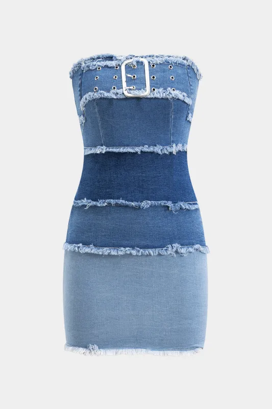 Denim Fringe Metallic Patchwork Stropløs kjole sold by Micas