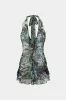 Abstrakt print mesh halter hals rygfri bindeløs mini kjole sold by Micas
