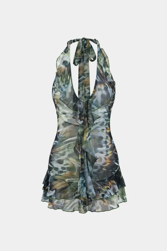 Abstrakt print mesh halter hals rygfri bindeløs mini kjole sold by Micas