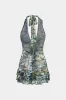 Abstrakt print mesh halter hals rygfri bindeløs mini kjole sold by Micas