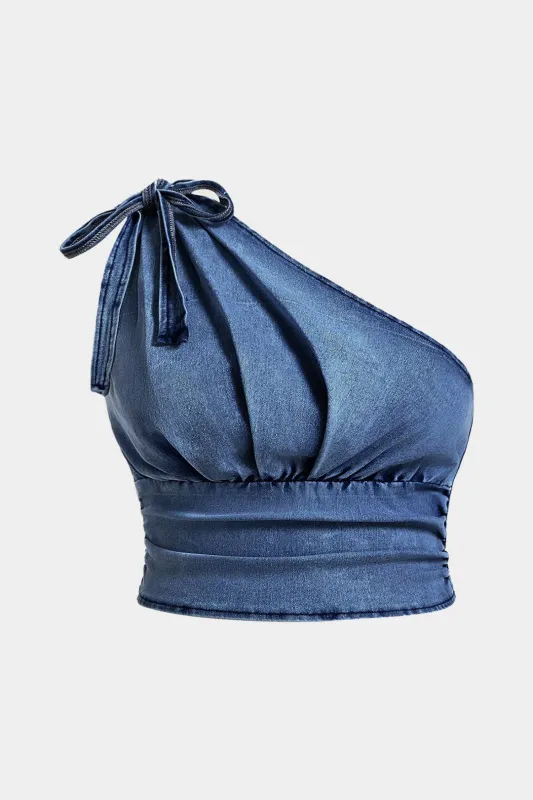 Plus størrelse denim lynlås asymmetrisk knyttet afgrøde top sold by Micas